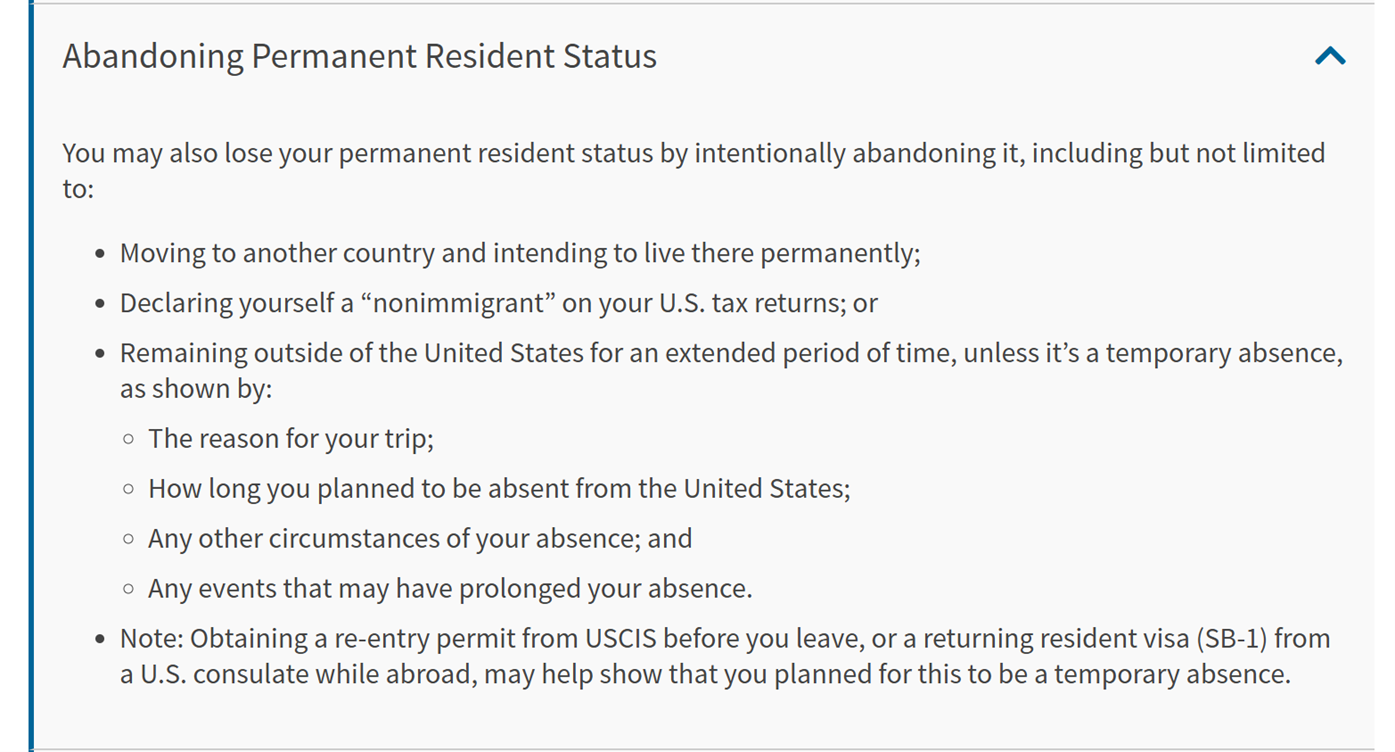 USCIS 官方關於放棄永久居民身份的說明文字