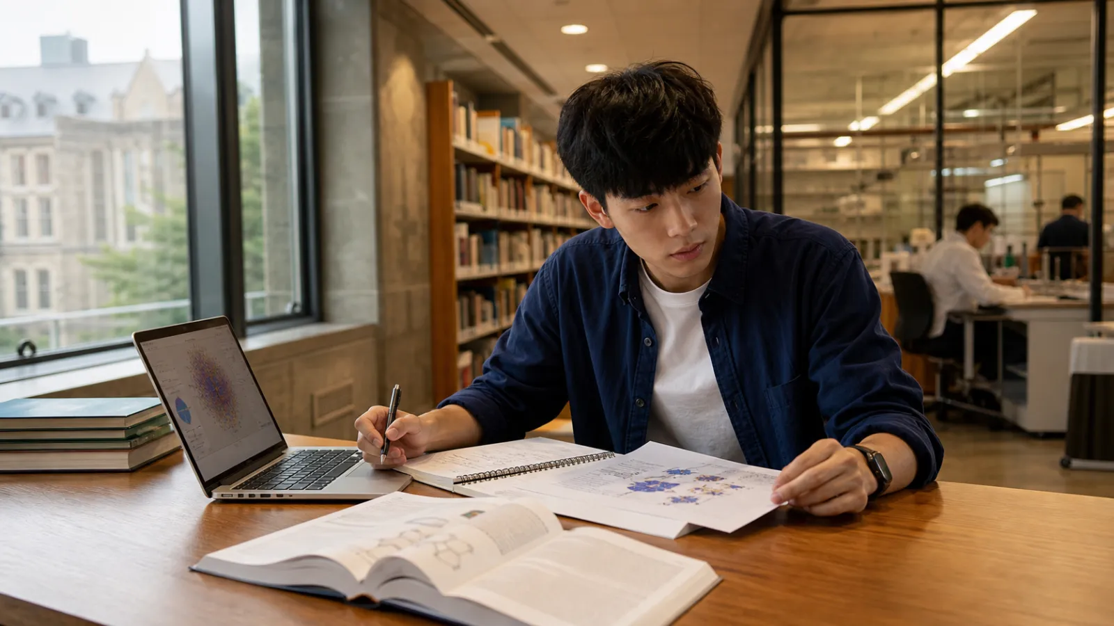 亞洲學生在大學研究環境中整理研究所申請與專題資料
