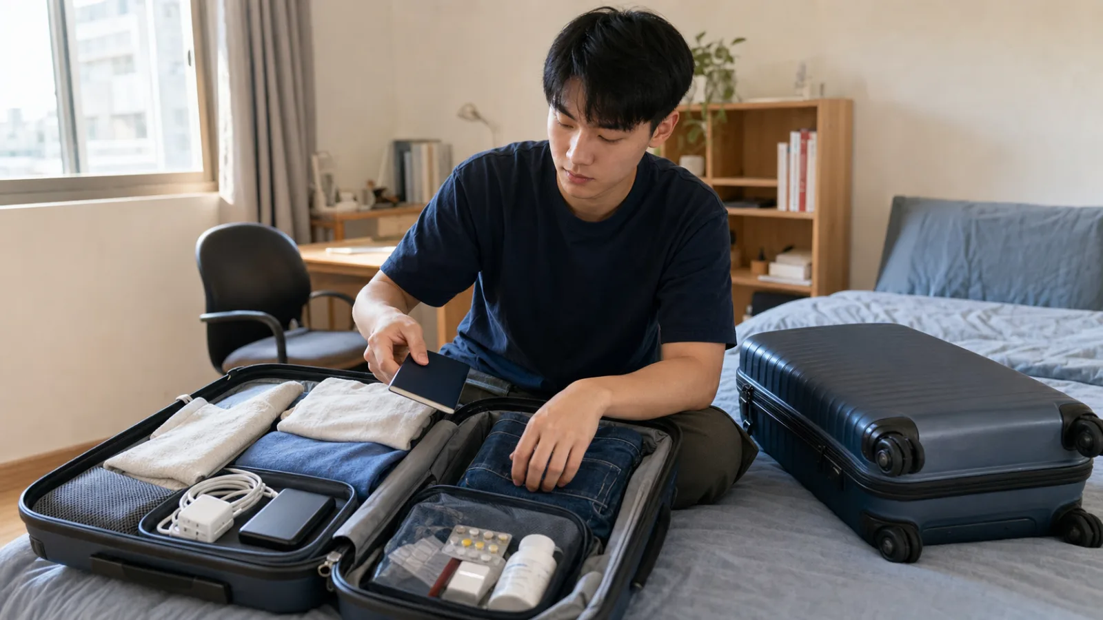 台灣學生在房間整理赴美留學衣物、藥品與電子用品行李