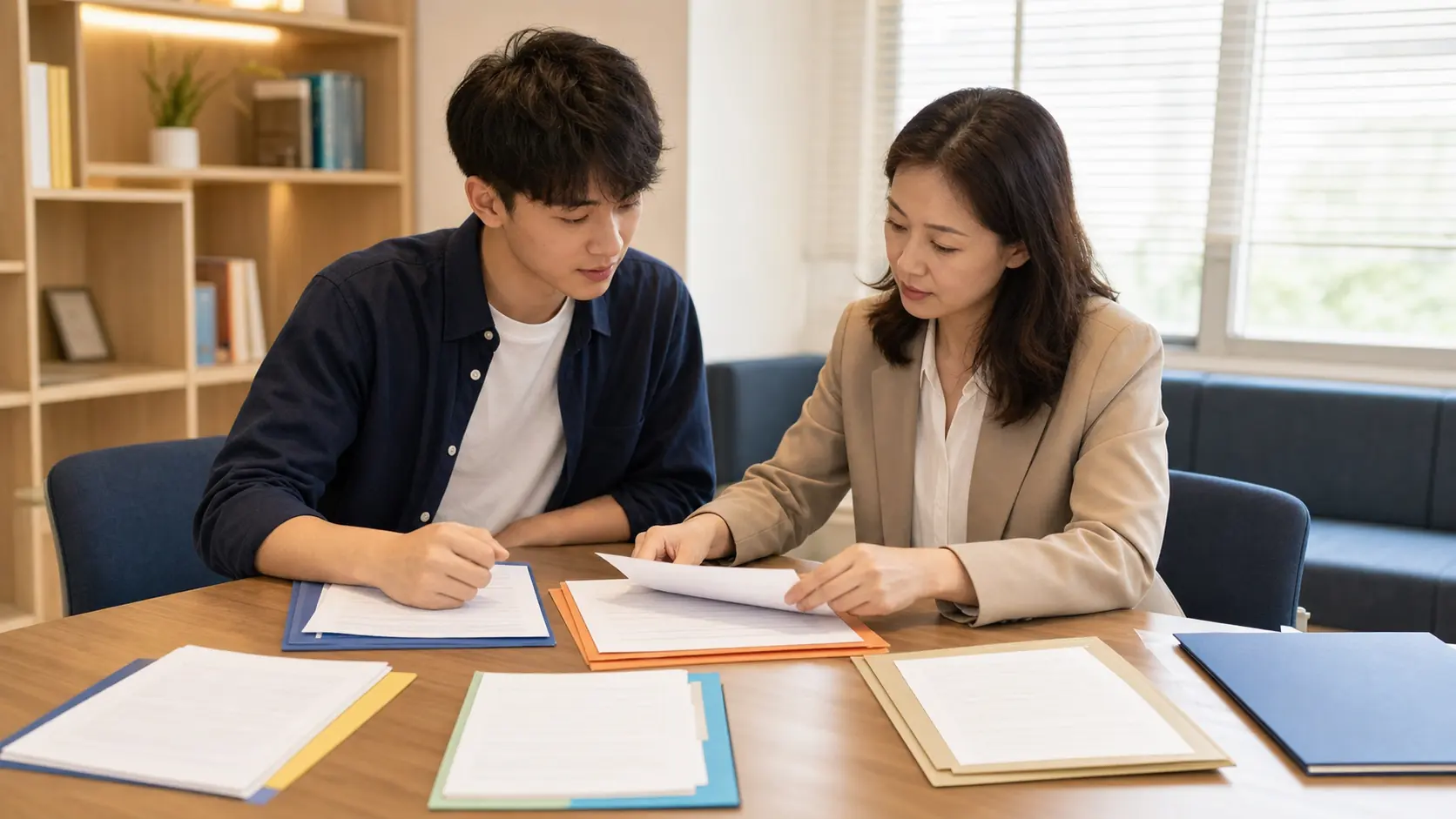 台灣學生與留學顧問在桌面整理多組美國留學申請文件