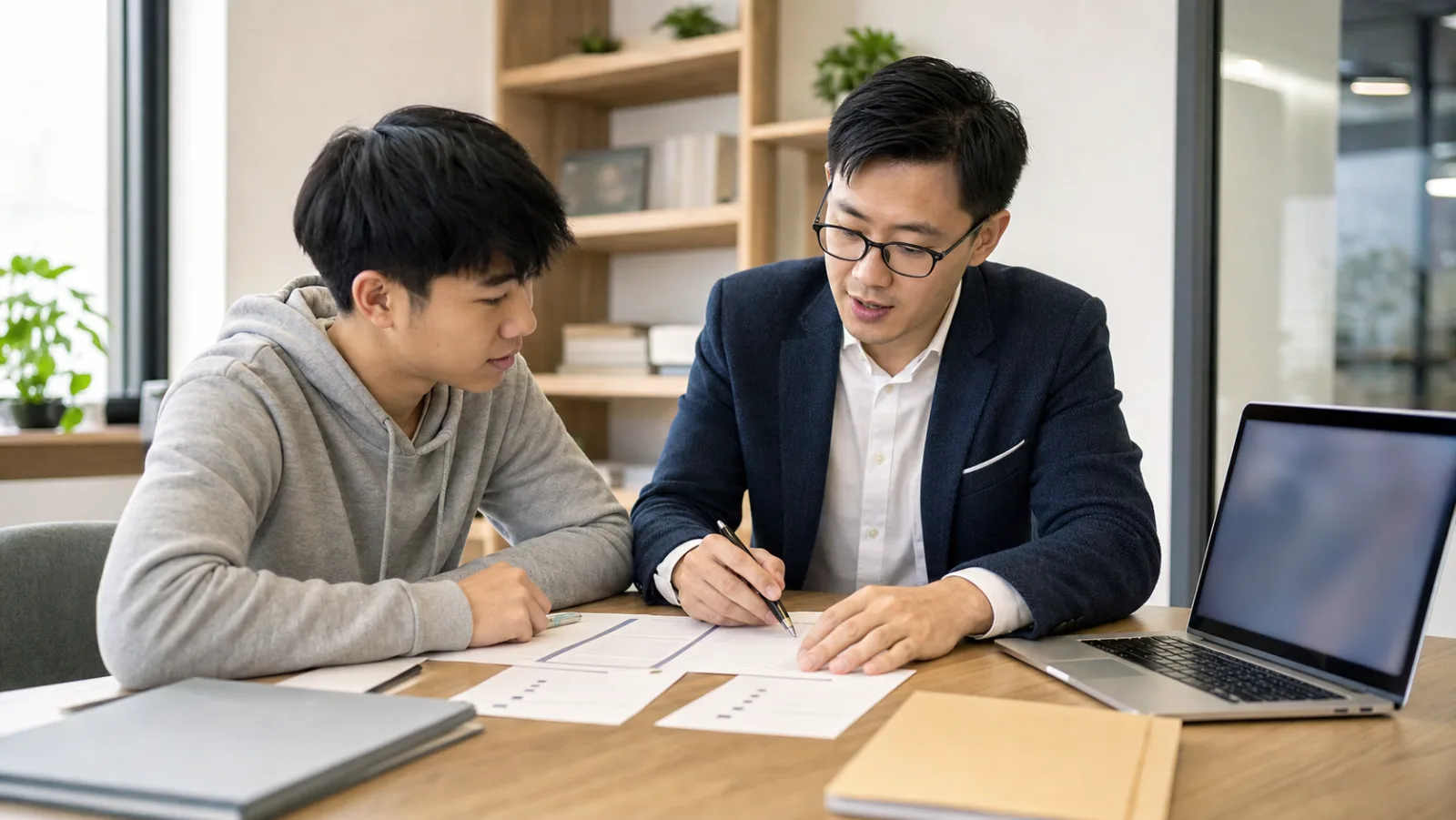 學生與留學顧問在桌前比較不同美國留學申請系統與申請路徑