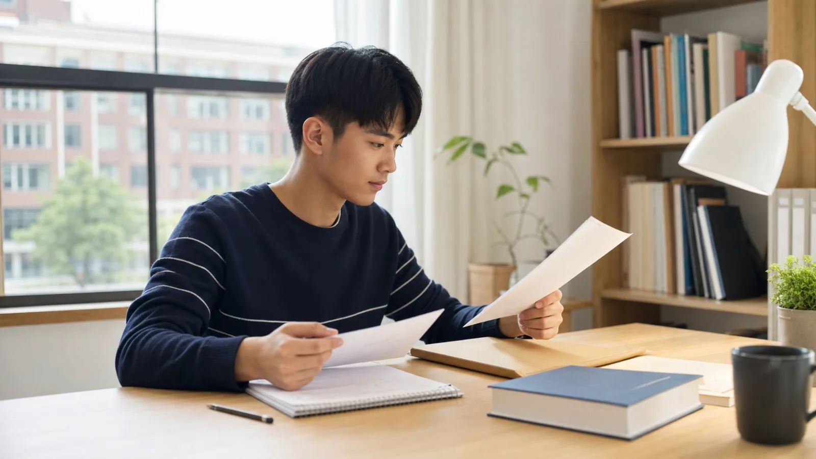 學生在書桌前比對美國大學錄取文件與英文銜接學習規劃