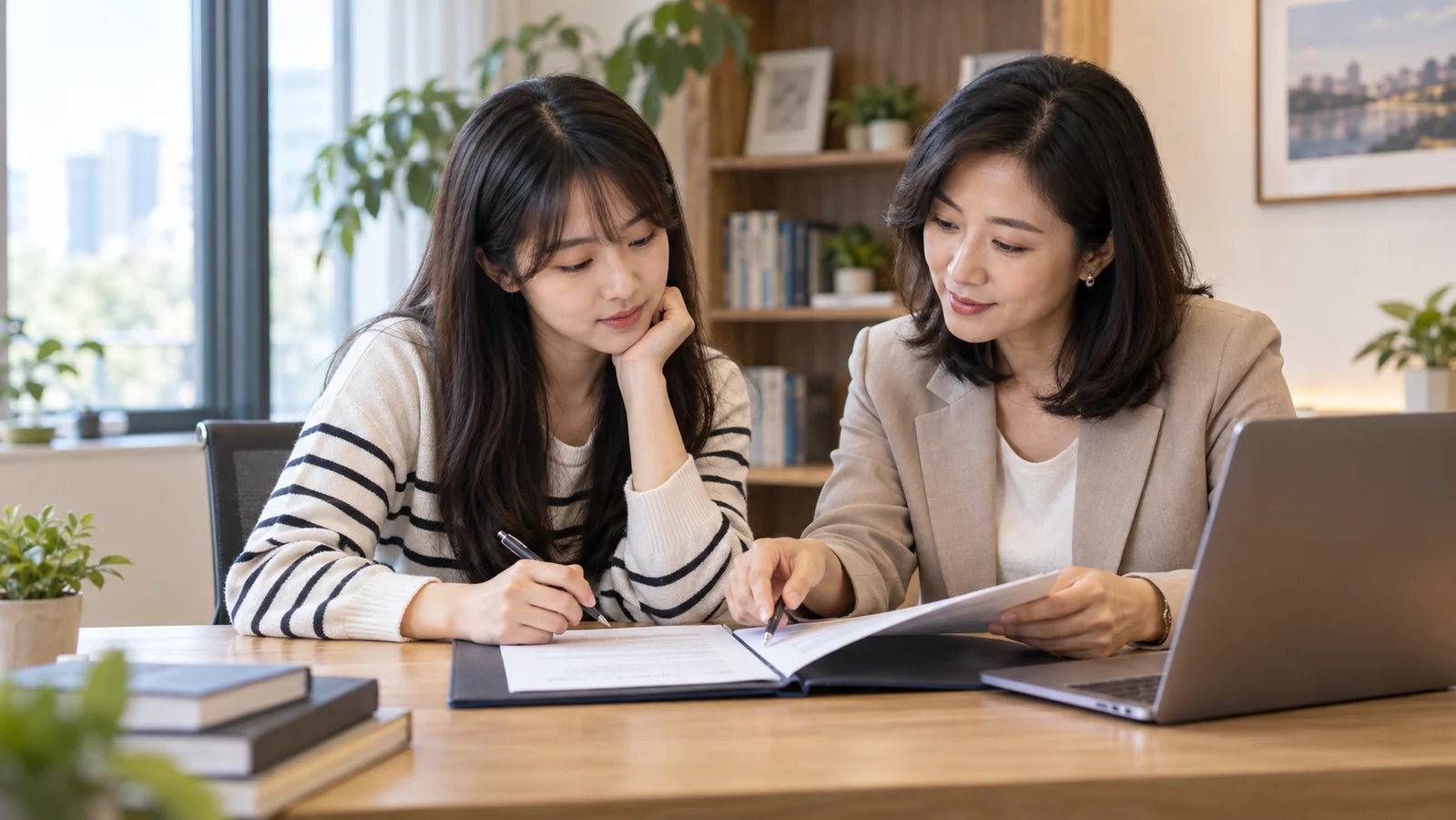 學生與留學顧問一起檢視成績與美國留學申請資料的情境示意（AI 示意圖）